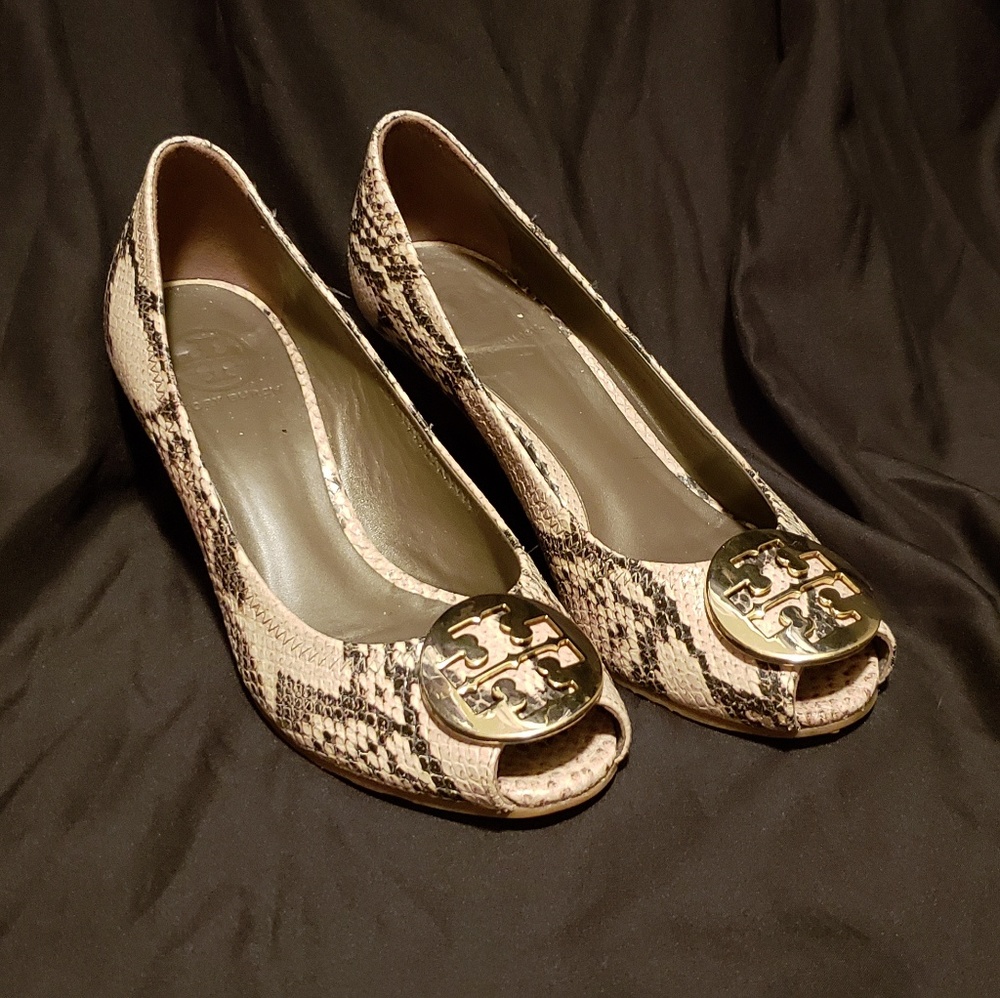 Tory Burch Cream and Black Wedges Peep-Toe Elegance